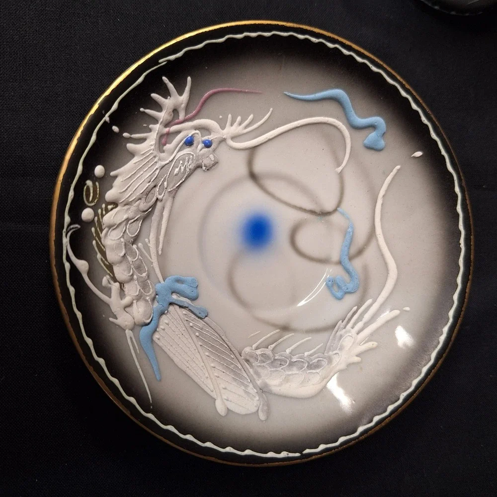 Vintage Moriage Dragonware Demitasse Cup and Saucer Set Grey Black Gold‎
